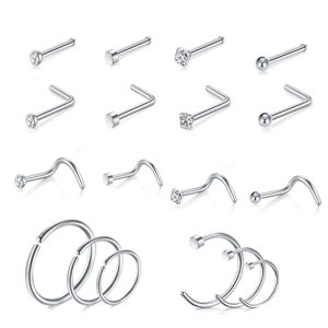 Stainless Steel Nose Studs 18-Piece Set - S-Shaped L-Shaped Nose Rings for Men Women - Titanium Steel Body Piercing Jewelry Combination Pack