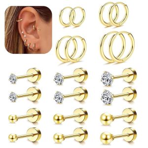 Fashion Zircon Ear Bone Nail Earrings for Women - 316L Surgical Steel, Gold Plated, Geometric Flower Design - European & American Style, In Stock Wholesale