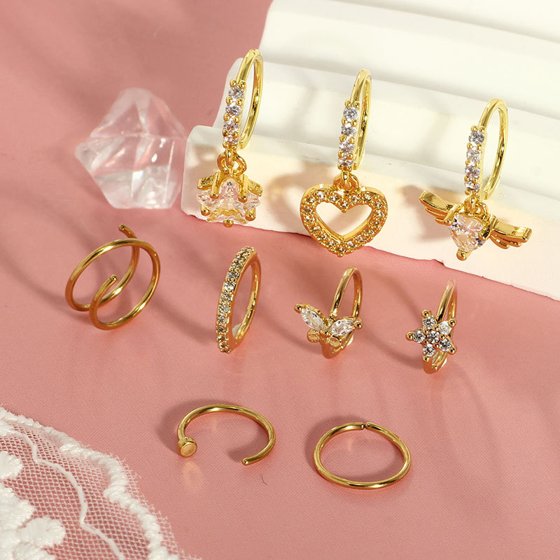Stainless Steel Heart Nose Ring 20G Nose Nail Piercing Jewelry 9-Piece Set Trendy Classic - Image 3