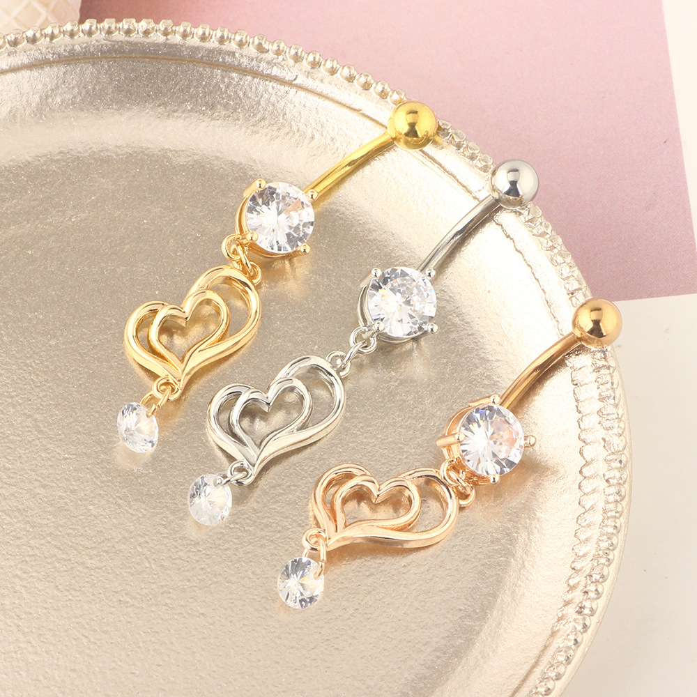 Long Double-Heart Stainless Steel Belly Button Ring with Heart-Shaped Zircon, European American Fashion Body Piercing - Image 3