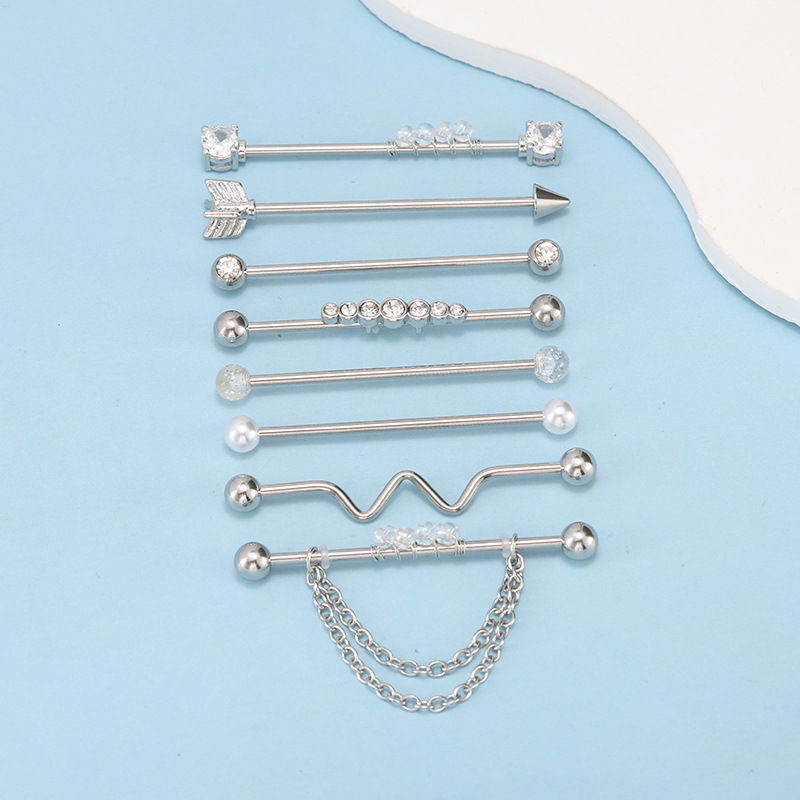 Amazon's Best Selling 8-Piece Stainless Steel Industrial Ear Studs Arrow Chain Piercing Jewelry Set - Image 4