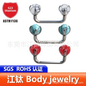 Titanium ASTM F136 Lip Stud with Turquoise Gem Triple Prong Round Corner Embedded Internally Threaded Labret G23 Body Piercing Jewelry