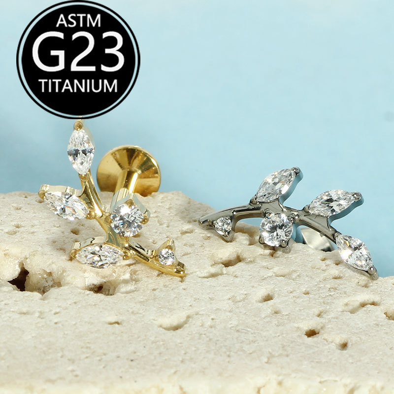 G23 Titanium Leaf-Shaped Zirconia Piercing Jewelry Set for Lip Nose Ear Cartilage - Image 4