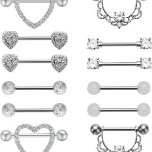 Amazon Hot Sale Stainless Steel Inlaid Zircon Breast Ring Straight Rod Love Tongue Nail Body Piercing Jewelry 12-Piece Set