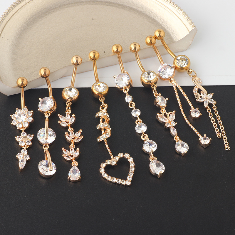 Classic Stainless Steel Belly Button Ring Set - 8-Piece Crown Umbilical Rings Body Piercing Jewelry - Image 3