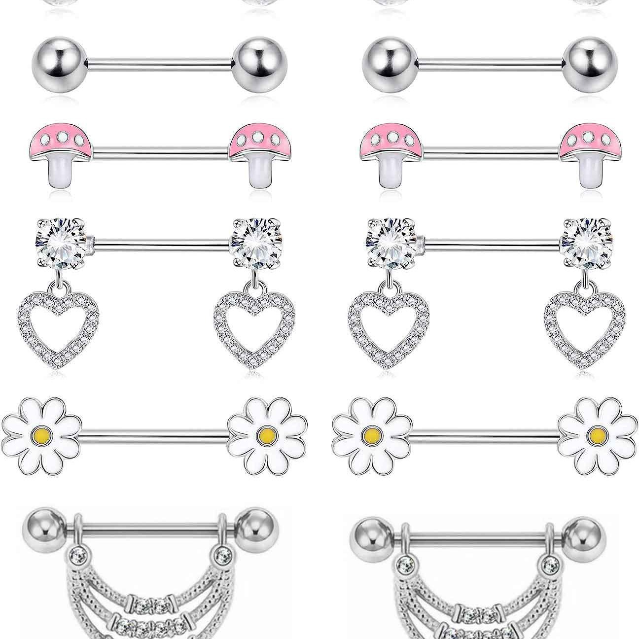 12-Piece Stainless Steel Dripping Chrysanthemum Nipple Ring Set with Zircon Nipple Nail - Body Piercing Jewelry - Image 3