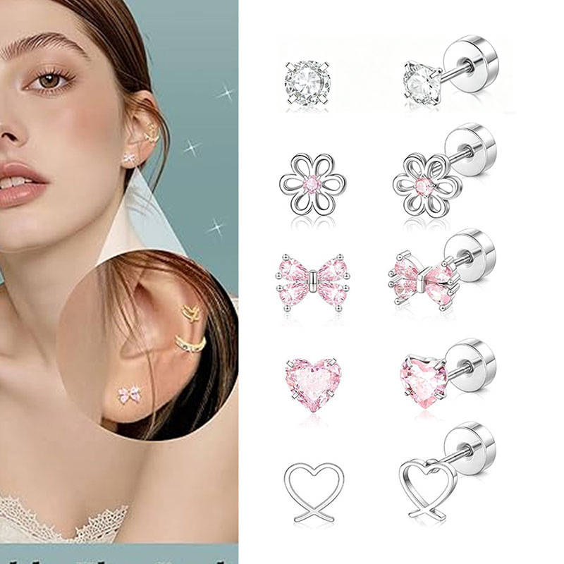 10PCS Stainless Steel Earring Set - Heart Flower Ear Bone Studs, Piercing Jewelry for Men Women - Image 5