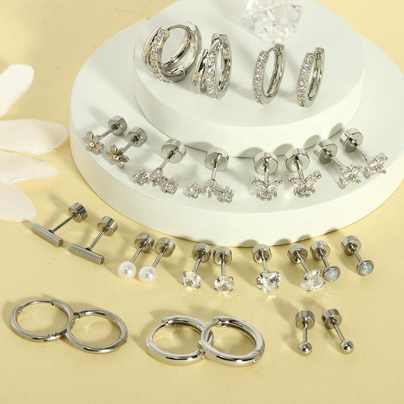 Amazon Hot 14-Pair Combination Stainless Steel Earrings Set Butterfly Ear Bone Nails Fashion Jewelry - Image 4