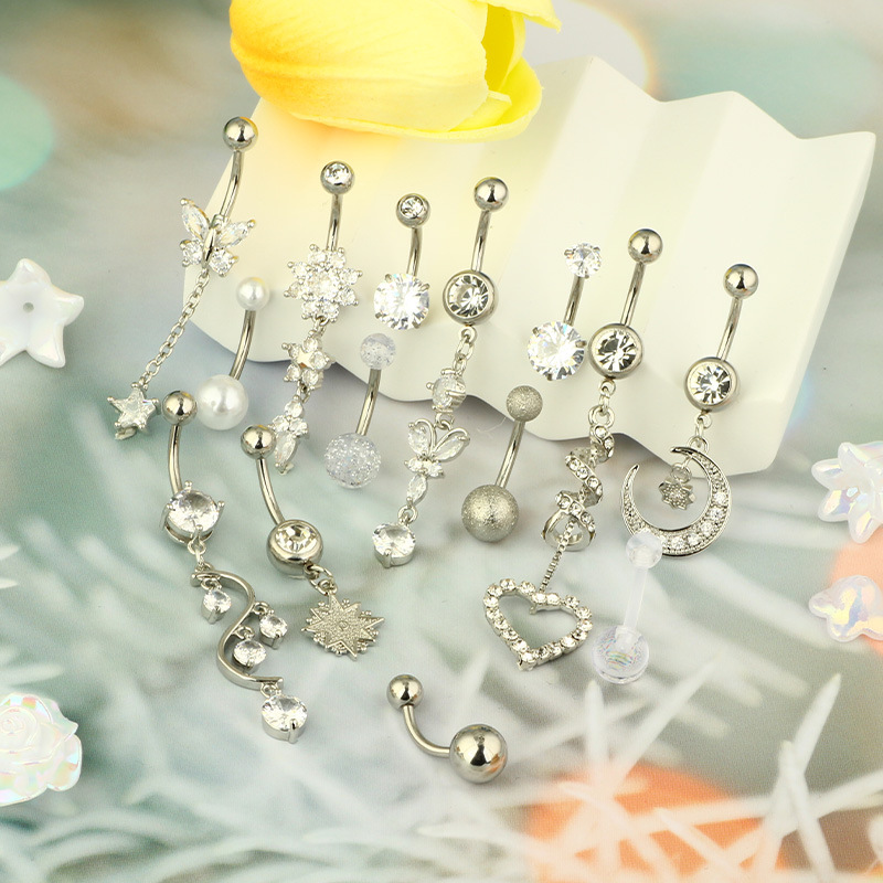 Heart Zircon Belly Button Ring 316L Surgical Steel Piercing Jewelry Set of 14 - Image 2