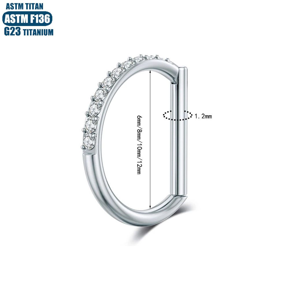 F136 Titanium Alloy Diamond-Encrusted D-Shaped Nose Ring Implant-Grade Closed Ring Seamless Ring Diaphragm Cartilage Earrings - Image 2