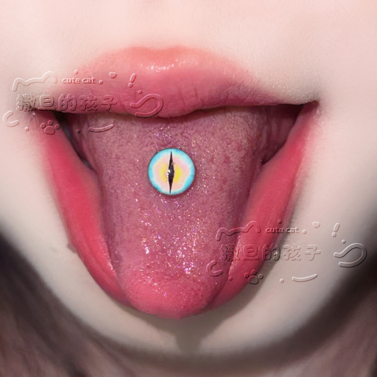 Satan's Children Cherry Blossom Tongue Barbell - Blue Sandwich 20mm 1.6mm Tongue Ring - Image 4