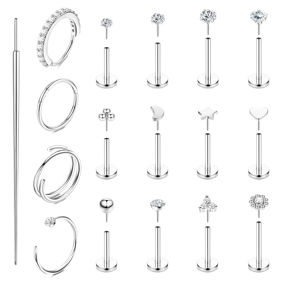 Stainless Steel Flat-Bottom Lip Nose Nail Set with Zircon Heart Design - 17 Pieces Piercing Jewelry - Image 5
