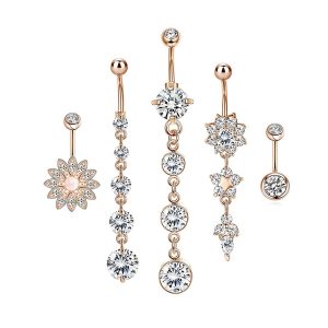 Exquisite Opal Flower Navel Ring Set - 5 Piece Rose Gold Belly Button Jewelry