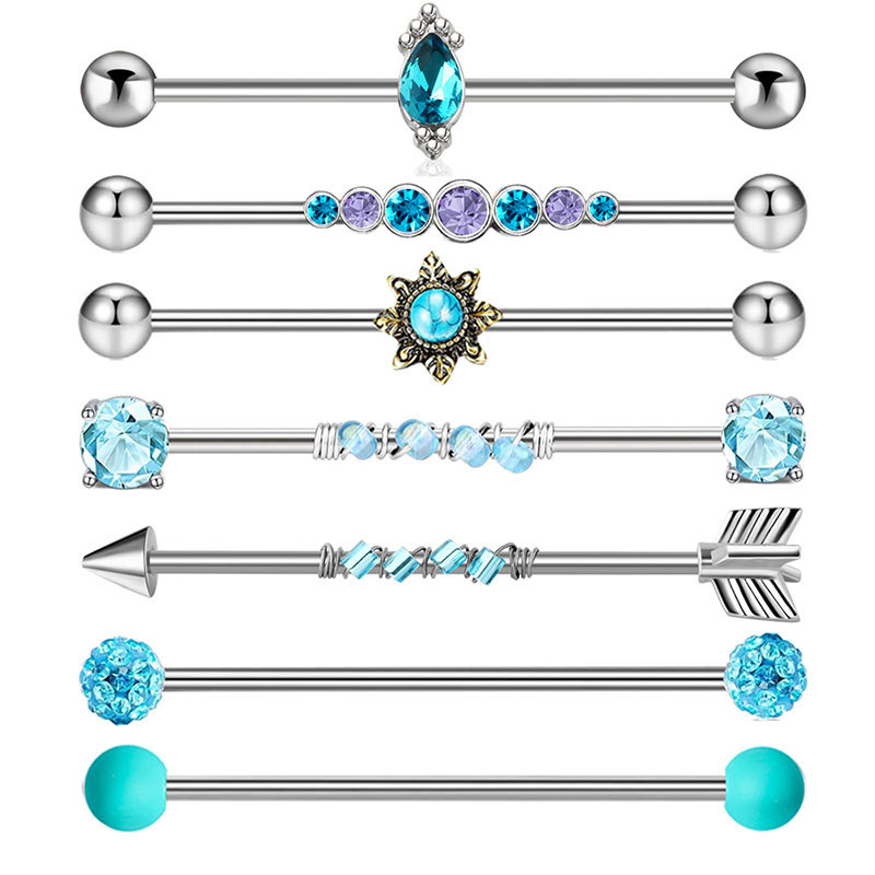 Industrial Ear Studs 7-Piece Set 14G Crown Full Diamond Round Piercing Jewelry Stainless Steel - Image 5