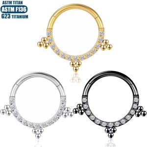 G23 Titanium Zircon Nose Ring Welding Bead Cartilage Earring Hinged Septum Seamless Ring