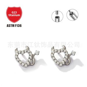 G23 Titanium Heart Shaped Ear Stud with CZ - ASTM F136 Devil Love Diamond Earring for Cartilage