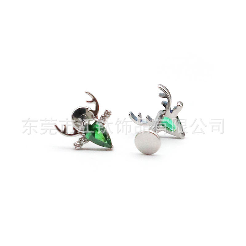 G23 Titanium Christmas Antler Stud Earrings Inlaid 5A Zircon Lip Nail Body Piercing Jewelry - Image 2