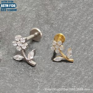 F136 Titanium Alloy Flower Lip Ring Spiral Diamond Small Ear Nail Internally Threaded Lip Piercing Jewelry Gold