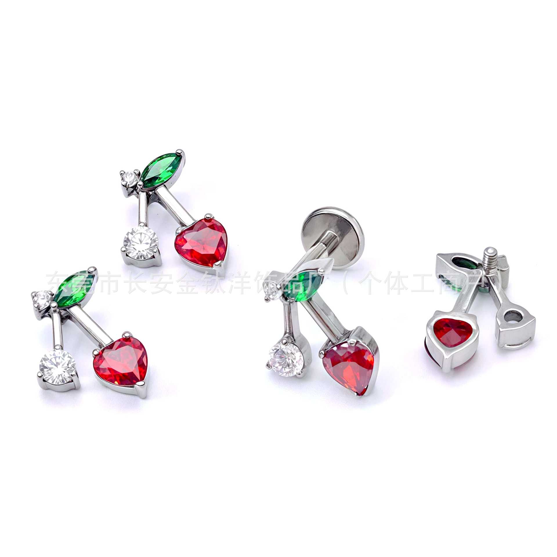F136 Titanium Cute Cherry Heart Zircon Lip Labret Stud Piercing Jewelry - Image 3