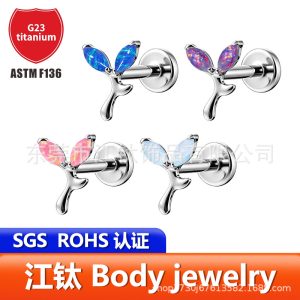 G23 Titanium Internally Threaded Opal Fish Tail Ear Cartilage Stud - 1.2mm x 10mm