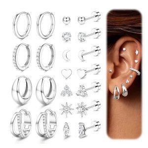 22-Piece Heart Inlaid Zircon Earring Set, Real Gold Brass Electroplated Stainless Steel Earrings for Women and Men