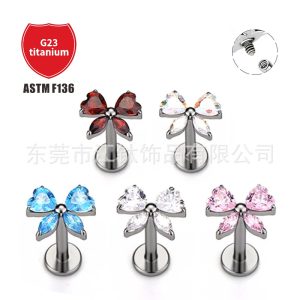 JT877 Titanium Alloy Butterfly Zircon Inlaid Body Piercing Earrings, F136 Threadless Ear Stud