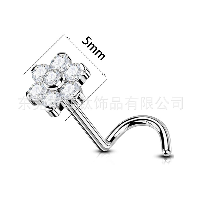 G23 Titanium Nose Stud S-Curved Flower Inlaid 5A Zircon Nose Ring ASTM F136 Piercing Jewelry - Image 2