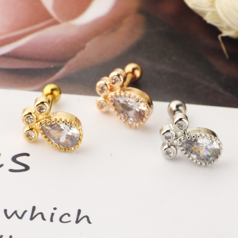 Zircon Stainless Steel Women's Ear Bone Nail Screw Earrings Piercing Jewelry Earrings Lip Nail Lip Ring Water Drops - Image 4