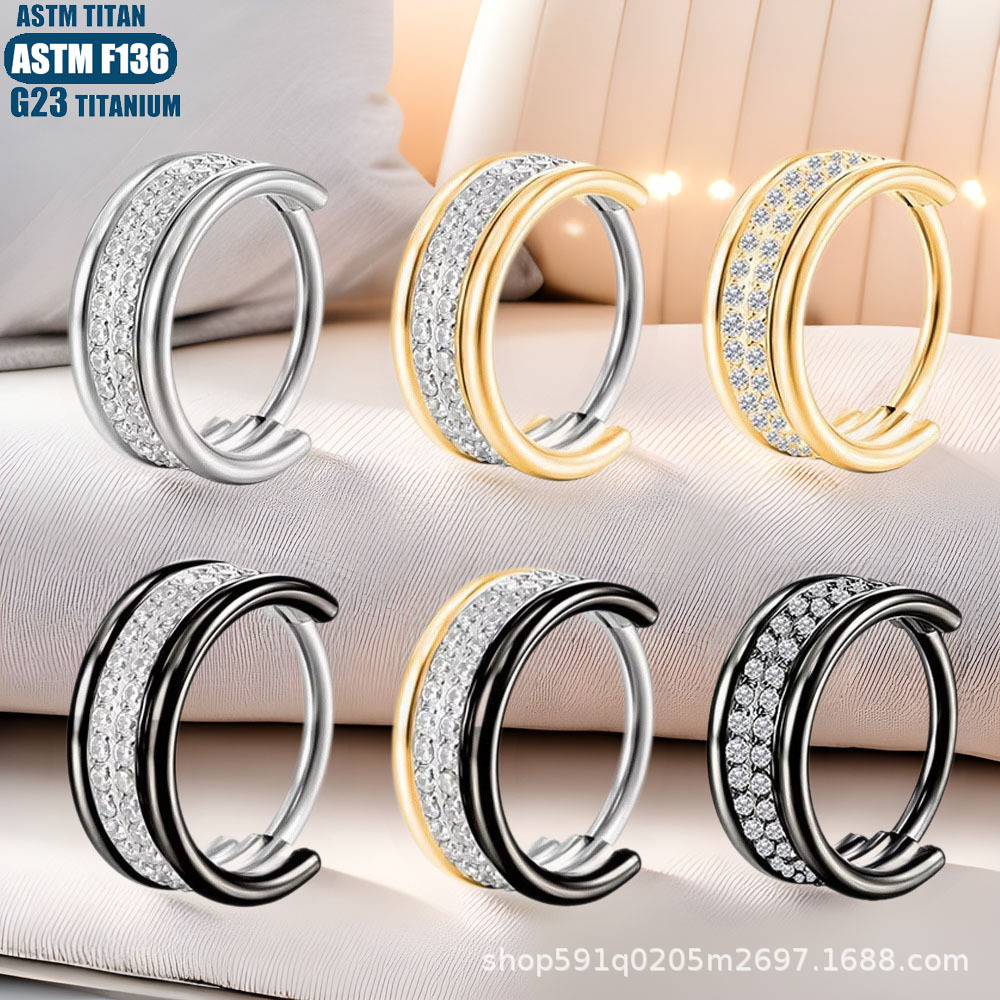G23 Titanium Double Row Diamond Nose Ring Earring Seamless Hinge Septum Cartilage Jewelry - Image 4