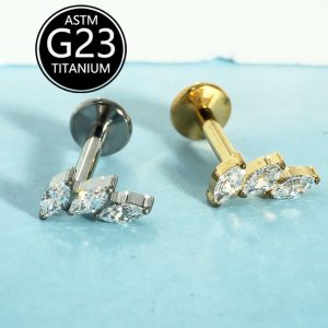 G23 Titanium Leaf Marquise Zircon Lip Stud 1.2mm Rod Internally Threaded Labret Piercing Jewelry