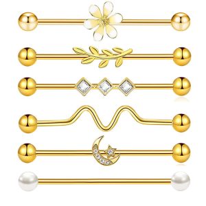 6-Piece Stainless Steel Industrial Ear Stud Set with Moon and Floral Designs, Fashionable Cartilage Piercing Jewelry