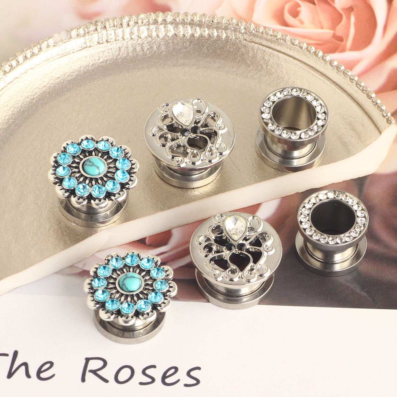 Stainless Steel Turquoise Octopus Ear Expander I-Shaped Roller Slide Thread Unscrew Body Piercing 6-Piece Set - Image 3