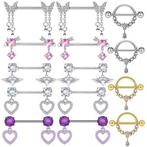 Stainless Steel Butterfly Breast Ring Pink Love Heart Nipple Barbell Peach Heart Piercing Jewelry Wholesale