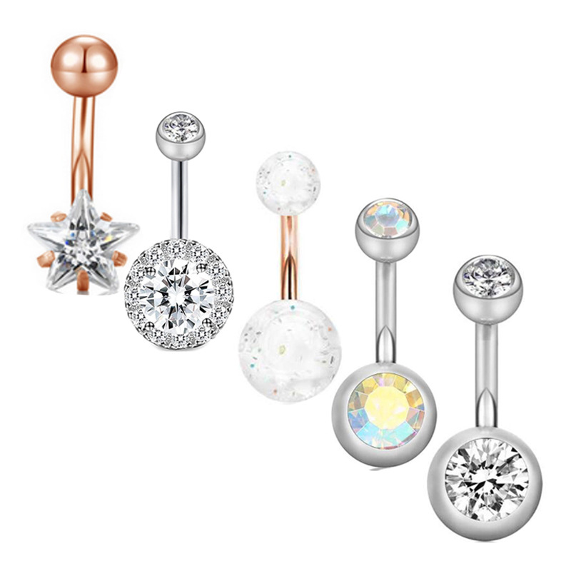 Stainless Steel Zircon Belly Ring Set - 5 Piece Navel Piercing Jewelry with Cactus Floral Design - Image 4
