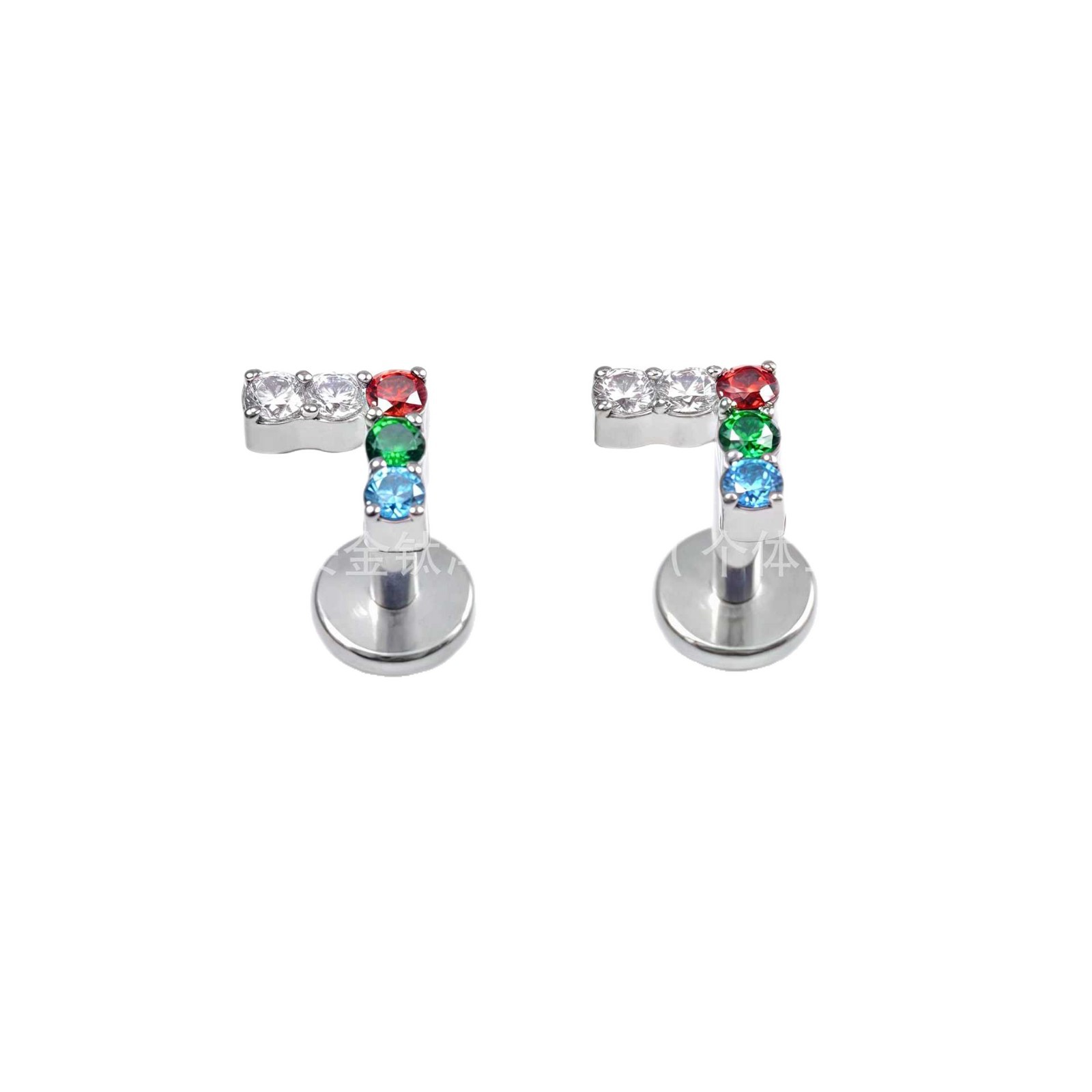 F136 Titanium Internal Thread Colorful Zircon Inlaid Seven-Character Stud Earrings Nose Studs G23 Titanium Alloy Piercing Jewelry Ear Cartilage Studs - Image 5