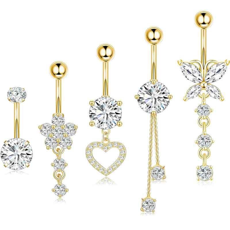 Heart-Shaped Navel Ring Zircon Belly Button Ring 5-Piece Set Body Piercing Jewelry - Image 5