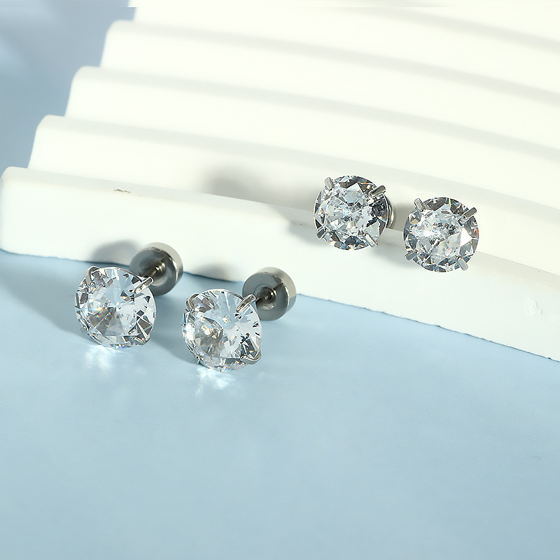 Cross-Border Stainless Steel Round Multi-Size Zircon Earrings - Four-Claw Zirconium Bone Nails Ear Studs Wholesale 5 Pairs - Image 4