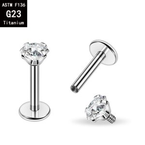 G23 Titanium Four-Claw Inlaid Zircon Inner Tooth Lip Nail Internal Thread Ear Stud, 1.2mm x 14mm, 8mm Top