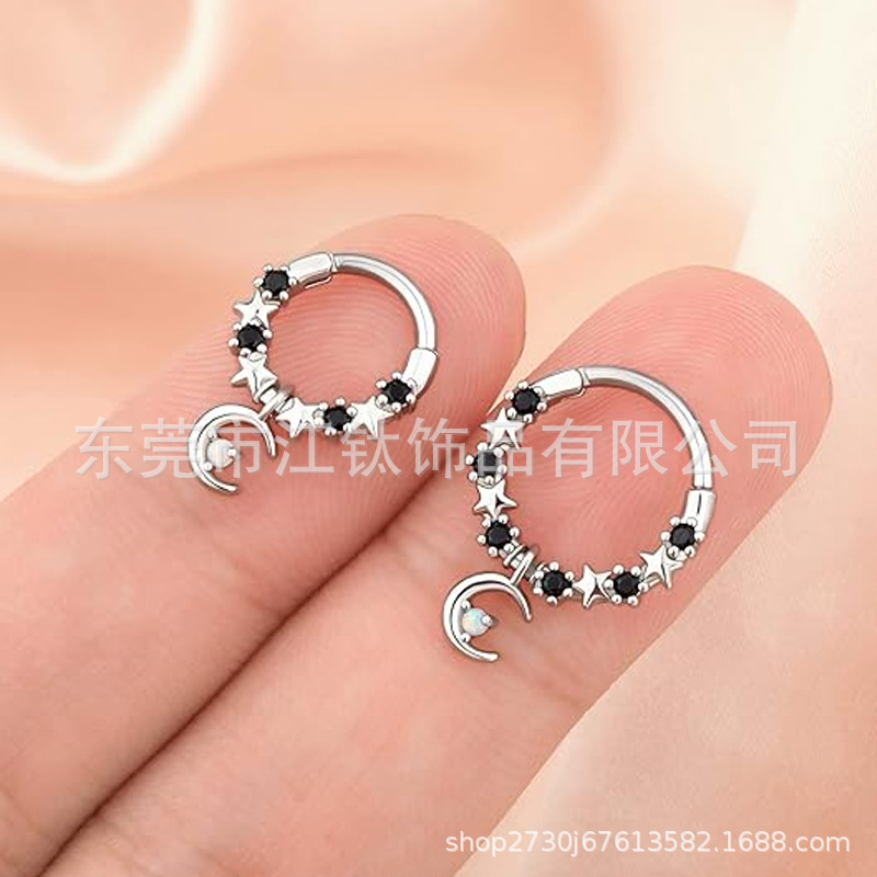 Black Zircon Moon G23 Titanium Nose Ring - 1.2mm x 10mm - ASTM F136 Titanium Alloy Body Piercing Jewelry Customizable - Image 2
