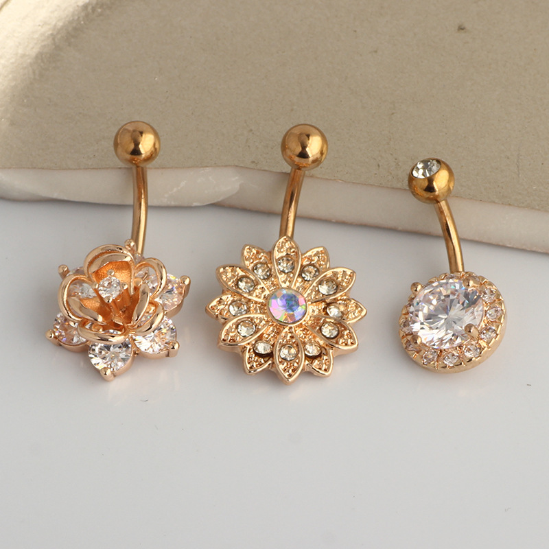 Nine Gems Stainless Steel Belly Button Ring Set - 3 Pieces Navel Piercing Jewelry Rose Gold Sunflower - Image 5