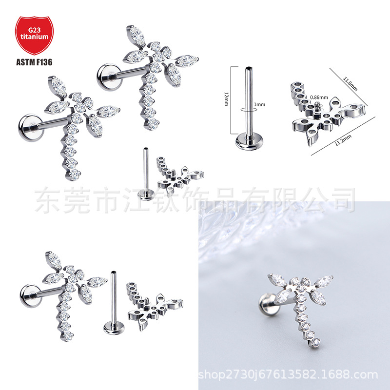 G23 Titanium Alloy Dragonfly Insect Body Piercing Ear Studs Cartilage Studs with Zircon - Image 5