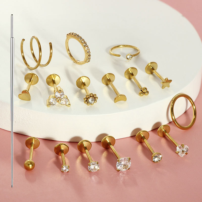 Stainless Steel Flat-Bottom Lip Nose Nail Set with Zircon Heart Design - 17 Pieces Piercing Jewelry - Image 2