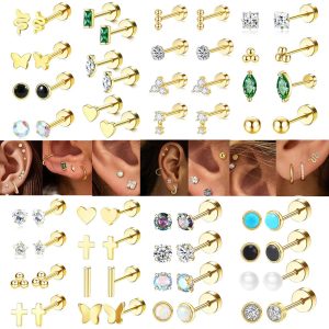 Simple Star Stainless Steel Ear Piercing Jewelry Set - 10-12 Pairs Cartilage Earrings, Twist Ball Earrings for Sleeping