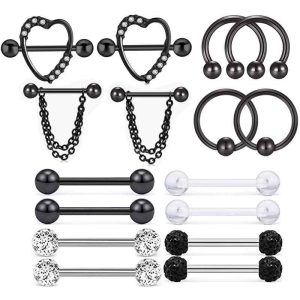 Stainless Steel Black 8-Pair Breast Ring Set with Diamond-Embedded Nail for Body Piercing Jewelry Wholesale