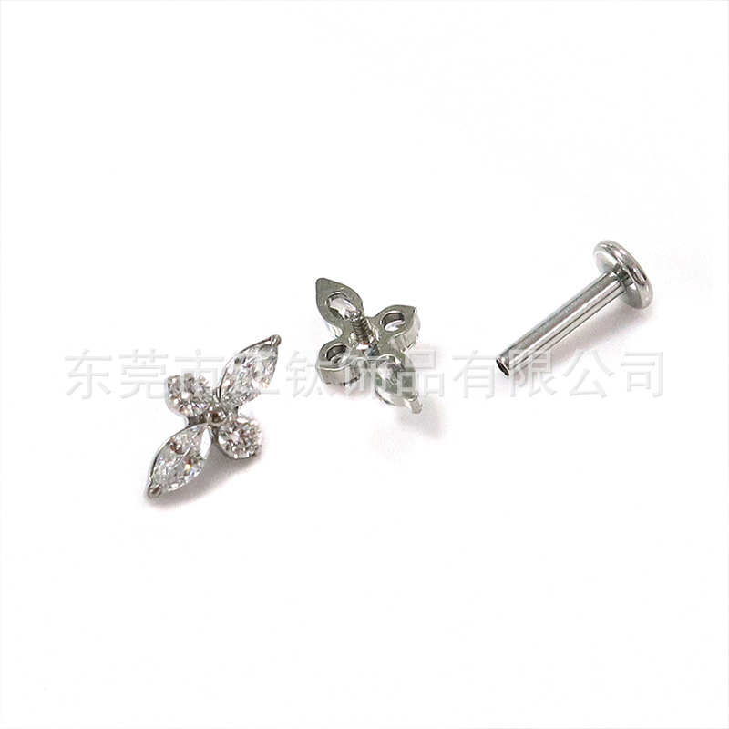 F136 Titanium Lip Labret Stud with Diamond CZ Four-Leaf Clover - G23 Titanium Body Piercing Jewelry - Image 5