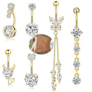 Amazon's Best-Selling Belly Button Rings Set - Stainless Steel Super Shiny Zircon Belly Button Studs Body Piercing Jewelry, Gold, 6 Pack