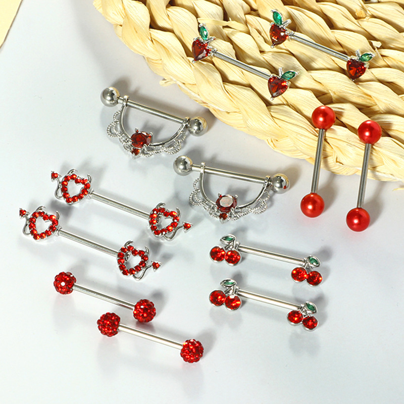 Red Series Diamond Love Cherry Nail Body Piercing Jewelry Suit - Image 4