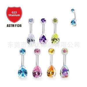 F136 Titanium Water Drop Navel Ring with Cylindrical Tear Drop Zircon G23 Titanium Alloy Body Piercing Jewelry Belly Button Ring