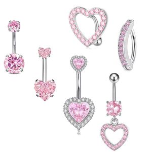 Heart-Shaped Zircon Belly Button Ring 6-Piece Set Stainless Steel Navel Piercing Jewelry