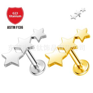 F136 Titanium Gold Star Stud Earrings - Five-Pointed Star Cartilage Earring for Men and Women